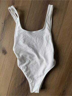 aerie White Ribbed Scoop One-Piece Swimsuit